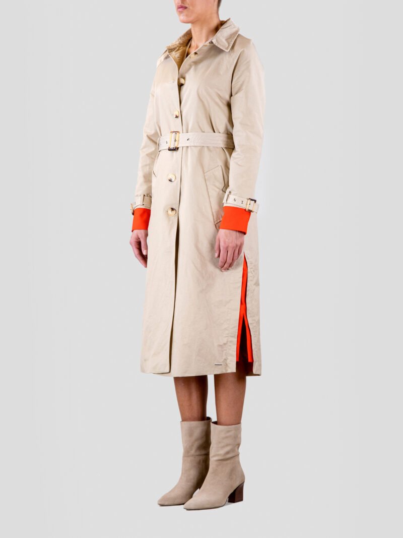 model wearing long trench coat